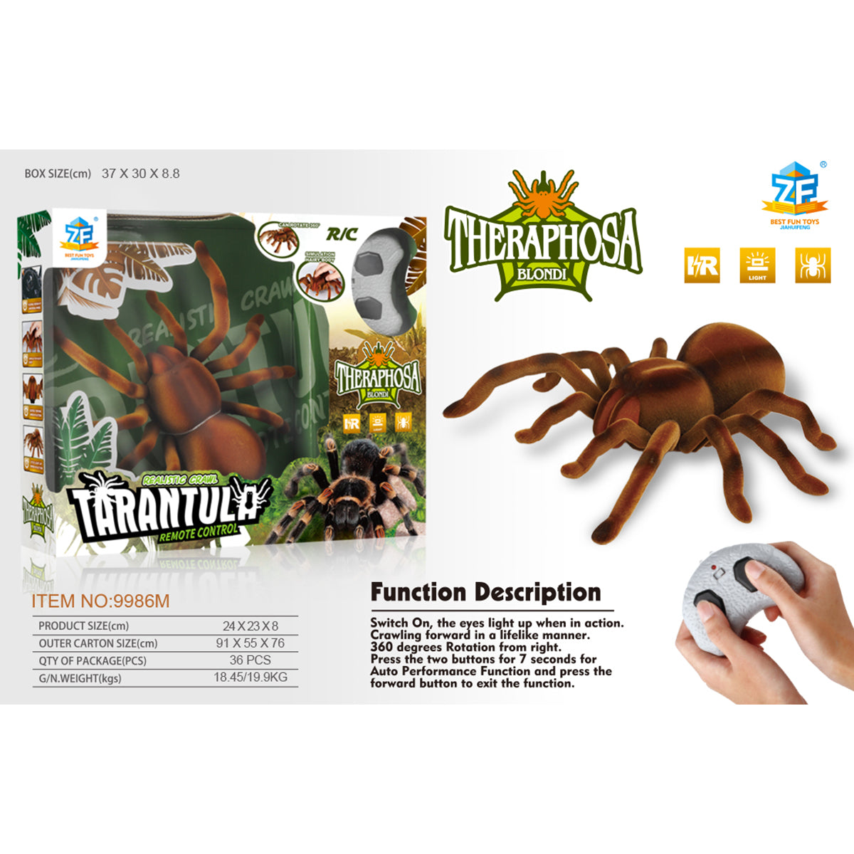 Realistic Remote Control Spider Toy by HugmieToys features lifelike tarantula design with 360° rotation and infrared remote control for Halloween fun.